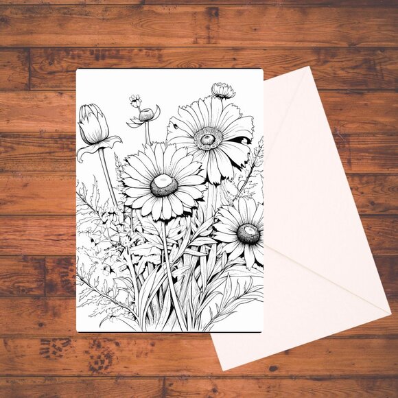 8 Wildflowers A7 Coloring Cards Set: Adult DIY Coloring Kit with Envelopes - Picture 9 of 9
